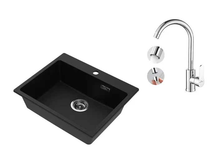 1 Vassoio Lavello Cucina in Granito,55*45*20cm,Kit di Scarico,Nero+Rubinetto Cucina Girevole a 360° con Acqua Calda/Fredda, Cromato