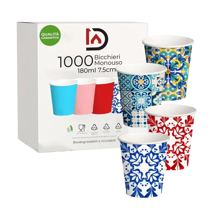 1000 Bicchieri Acqua in Carta 180ml H. 7.5cm 100% Biodegradabili cucina per caffè