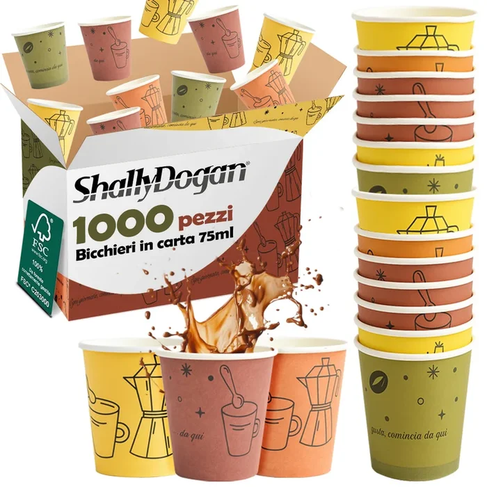 1000 Bicchierini da Caffè Monouso Decoro Moka Bicchieri 75ml Usa e Getta