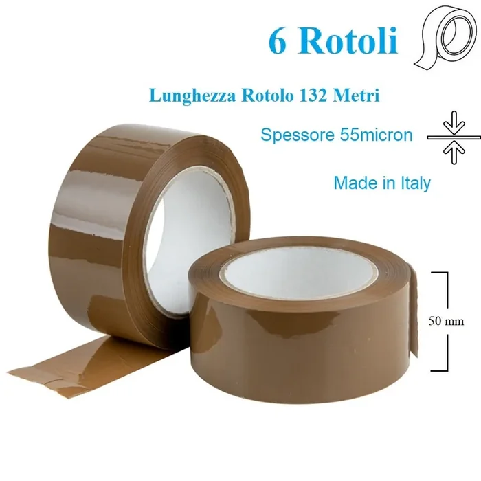 6 Rotoli di Nastro Avana per Imballaggi Marrone Resistente 50mm x 132 Mt.