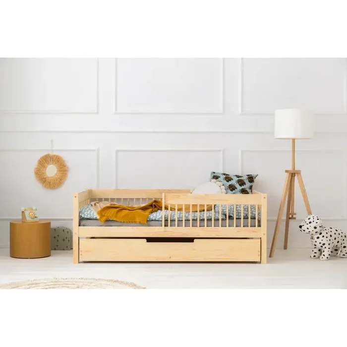 AdekoLetto da bambini CPW90x200 cm, estraibile, con contenitore, con rete inclusa, in pino massiccio, trattamento della superficie nessun trattamento/trattamento della superficie spazzolatura, di colore naturale
