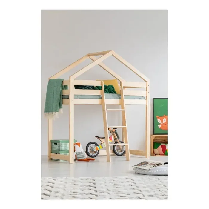 AdekoLetto da bambini DMPA80x200 cm, a forma di casa/rialzato, con rete inclusa, in pino massiccio, trattamento della superficie nessun trattamento/trattamento della superficie spazzolatura, di colore naturale