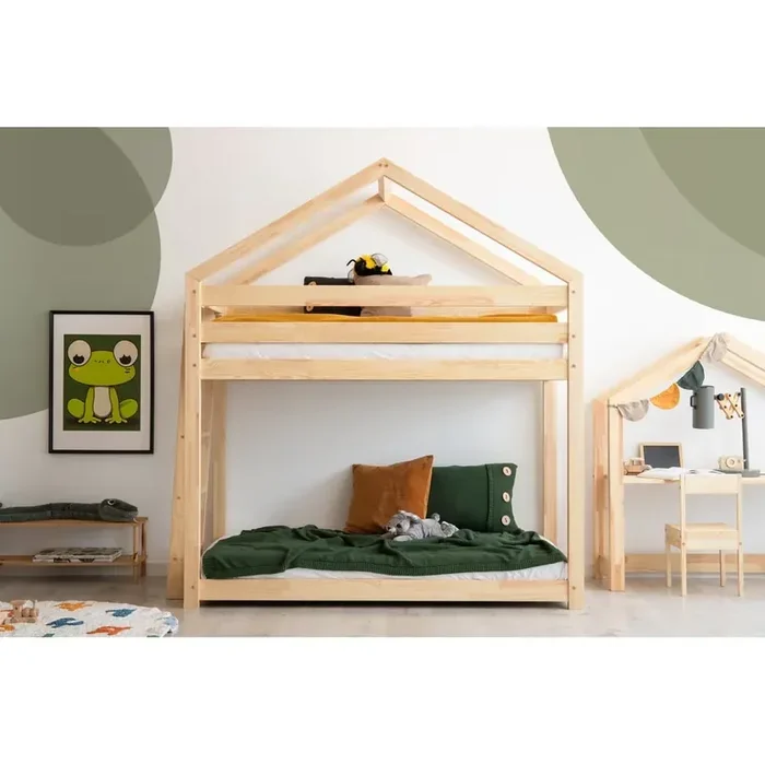 AdekoLetto da bambini DMPB70x160 cm, a forma di casa/a castello, con rete inclusa, in pino massiccio, trattamento della superficie nessun trattamento/trattamento della superficie spazzolatura, di colore naturale