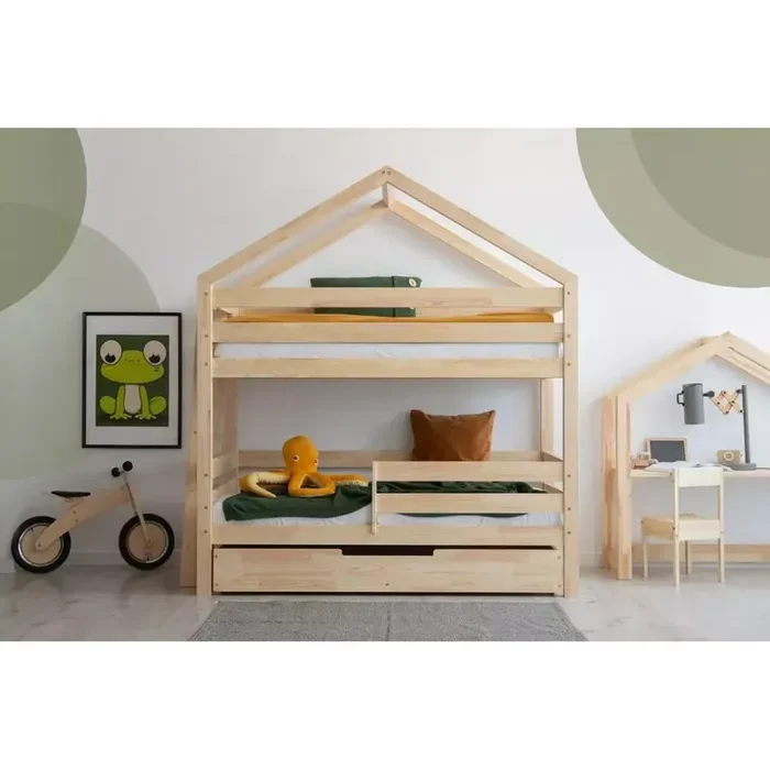 AdekoLetto da bambini DMPB90x180 cm, a forma di casa/a castello/estraibile, con contenitore, con rete inclusa, in pino massiccio, trattamento della superficie nessun trattamento/trattamento della superficie spazzolatura, di colore naturale
