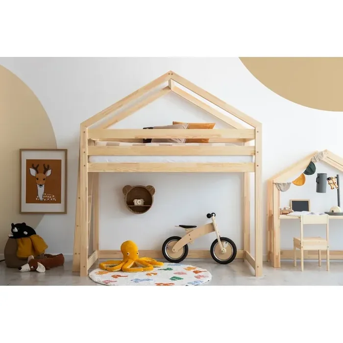 AdekoLetto da bambini DMPBA80x160 cm, a forma di casa/rialzato, con rete inclusa, in pino massiccio, trattamento della superficie nessun trattamento/trattamento della superficie spazzolatura, di colore naturale