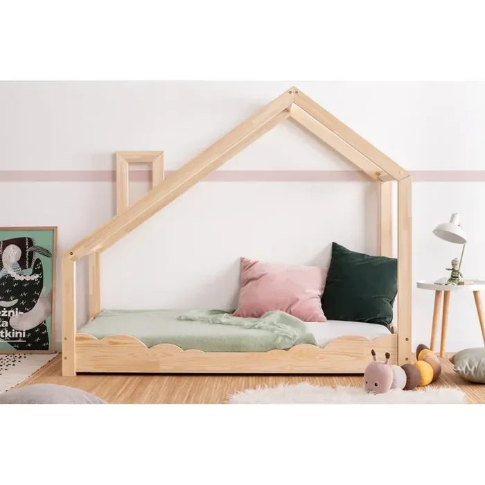 AdekoLetto da bambini Luna D90x200 cm, a forma di casa, con rete inclusa, in pino massiccio, trattamento della superficie nessun trattamento/trattamento della superficie spazzolatura, di colore naturale