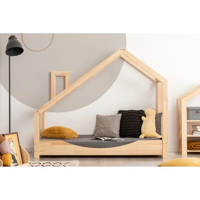 AdekoLetto da bambini Luna E90x200 cm, a forma di casa, con rete inclusa, in pino massiccio, trattamento della superficie nessun trattamento/trattamento della superficie spazzolatura, di colore naturale