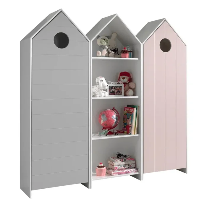 Armadio per bambini CASAMI A giorno, in MDF, trattamento della superficie: verniciatura colorata, bianco/rosa chiaro/grigio chiaro, larghezza totale 173 cm, altezza totale 171,5 cm, profondità totale 37 cm