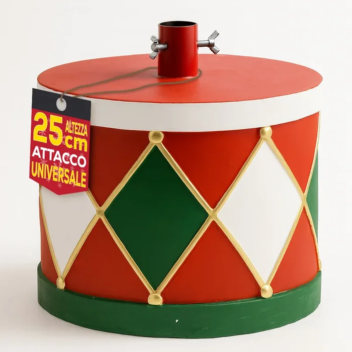 Base Albero di Natale Tamburo 32x25cm Decoro Attacco Universale Rosso e Verde