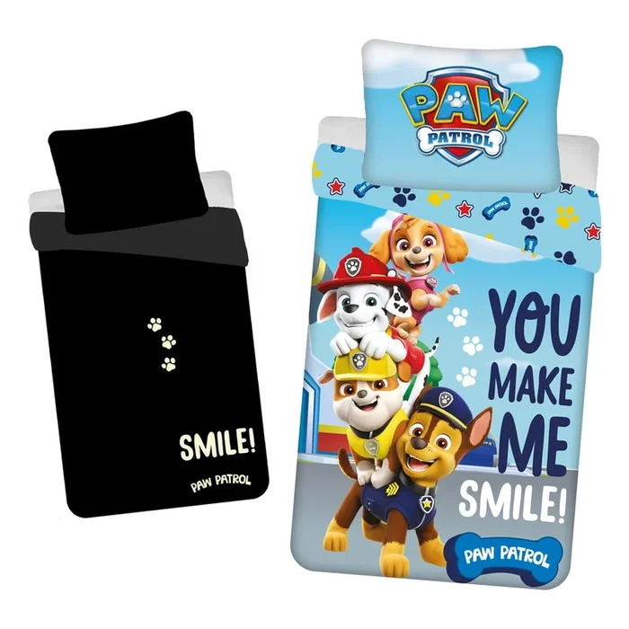 Biancheria da letto per bambini con effetto fosforescente Paw Patrol Per letto singolo, reversibile, con chiusura con cerniera, in cotone, 140×200 cm