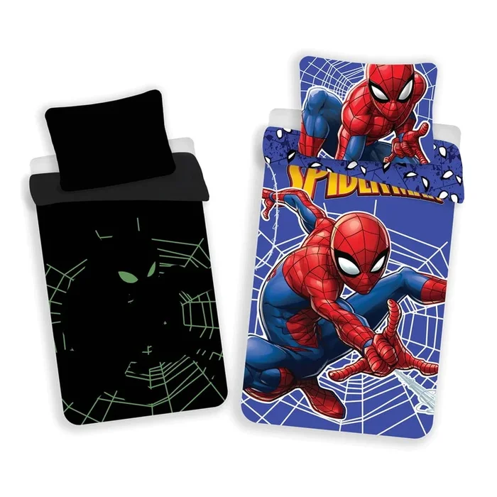 Biancheria da letto per bambini con effetto fosforescente Spider-man Per letto singolo, reversibile, con chiusura con cerniera, rossa/blu, in cotone, 140×200 cm