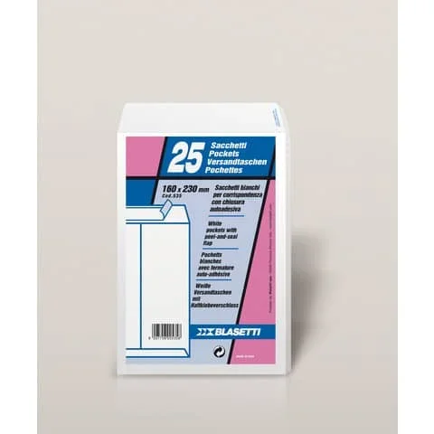 BLASETTI – Busta a sacco self bianco – 80 g/m² – in conf. 25 buste – 160×230 mm – 535 – Confezione risparmio da 3 PZ