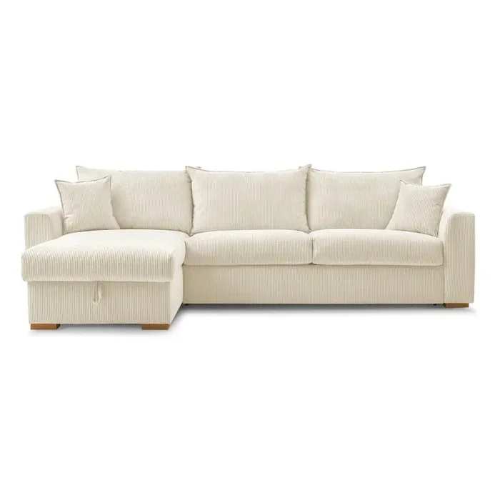 Bobochic ParisDivano angolare AugustinCon rivestimento in velluto a coste, allungabile/con contenitore, con penisola a destra/con penisola a sinistra/con composizione variabile/con chaise lounge, color crema, larghezza totale 320 cm