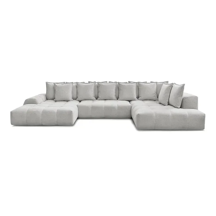 Bobochic ParisDivano angolare EverestCon rivestimento in ciniglia, allungabile/con contenitore, con penisola a destra/a U, grigio chiaro, a cinque o più posti, larghezza totale 423 cm
