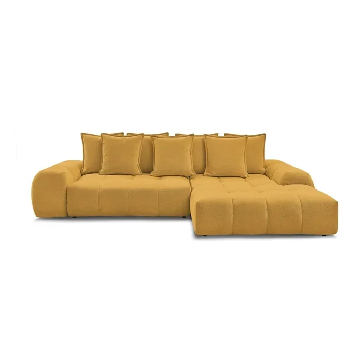 Bobochic ParisDivano angolare EverestCon rivestimento in ciniglia, allungabile/con contenitore, con penisola a destra/con chaise lounge, color senape, a quattro posti, larghezza totale 318 cm