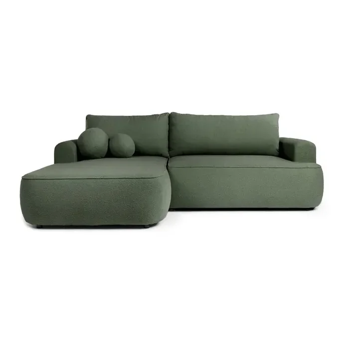 Bonami SelectionDivano angolare QuinoaCon rivestimento in bouclé, allungabile/con contenitore, con penisola a sinistra/con chaise lounge, verde, a tre posti, larghezza totale 255 cm