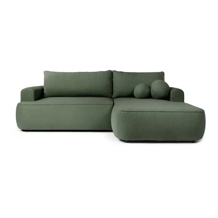 Bonami SelectionDivano angolare QuinoaCon rivestimento in bouclé, allungabile/con contenitore, con penisola a destra/con chaise lounge, verde, a tre posti, larghezza totale 255 cm