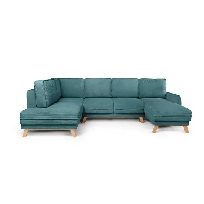 Bonami SelectionDivano angolare ToriCon rivestimento in velluto a coste, allungabile/con contenitore, con penisola a sinistra/a U, turchese, a cinque o più posti, larghezza totale 314 cm