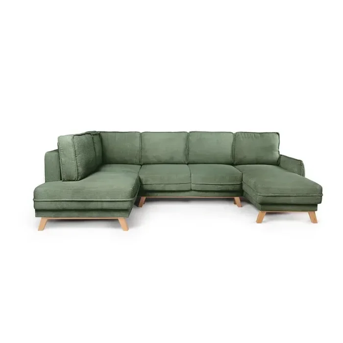 Bonami SelectionDivano angolare ToriCon rivestimento in velluto a coste, allungabile/con contenitore, con penisola a sinistra/a U, verde chiaro, a cinque o più posti, larghezza totale 314 cm