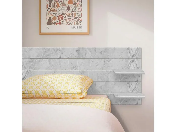 Cabeceira DHOME com prateleiras de madeira reciclada DM suspensa na parede estilo palete horizontal cama vintage nórdica (acabamento em mármore de 145 cm)