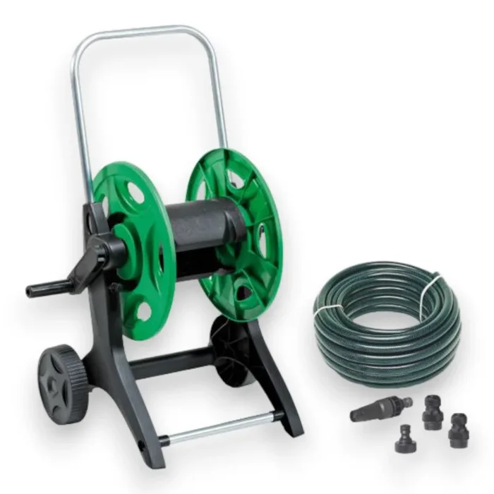 Carrello avvolgitubo da giardino completo con 20 mt di tubo e raccordi rapid plus