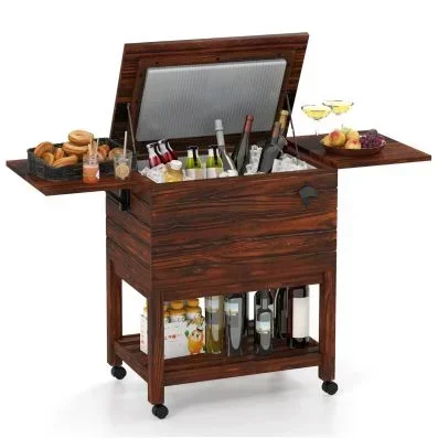 Carrello frigo per bevande da 51 L con ripiani e apribottiglie da esterno per feste, Carrello portavivande da giardino in legno Marrone