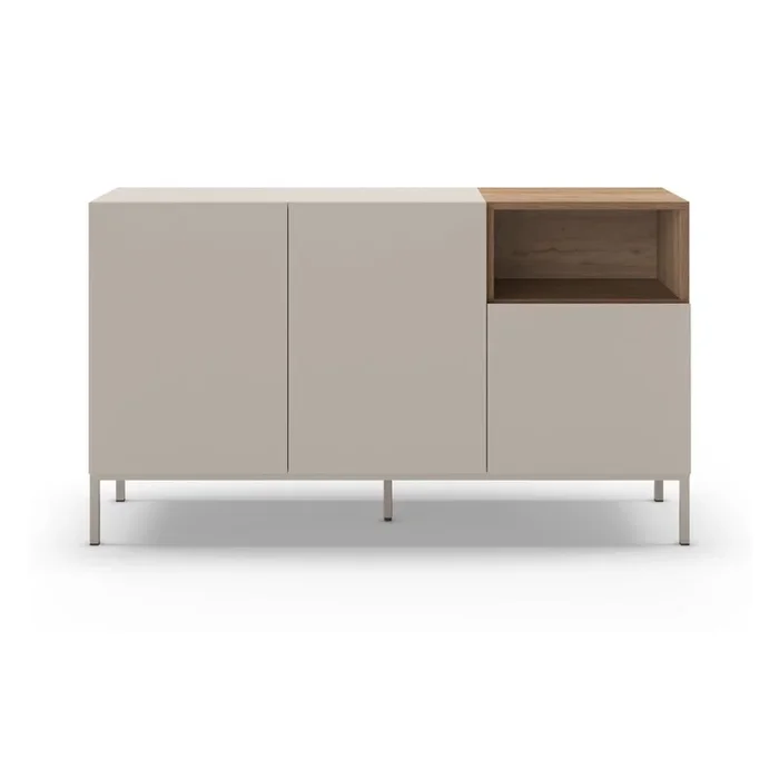 Cassettiera Cailin In MDF, trattamento della superficie: melamina, color crema, larghezza totale 140 cm, altezza totale 80 cm, profondità totale 42 cm