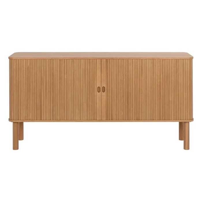 Cassettiera Langley Con porte scorrevoli, con effetto rovere, in MDF, trattamento della superficie: impiallacciatura/trattamento della superficie: laccatura, di colore naturale, larghezza totale 160 cm, altezza totale 80 cm, profondità totale 40 cm