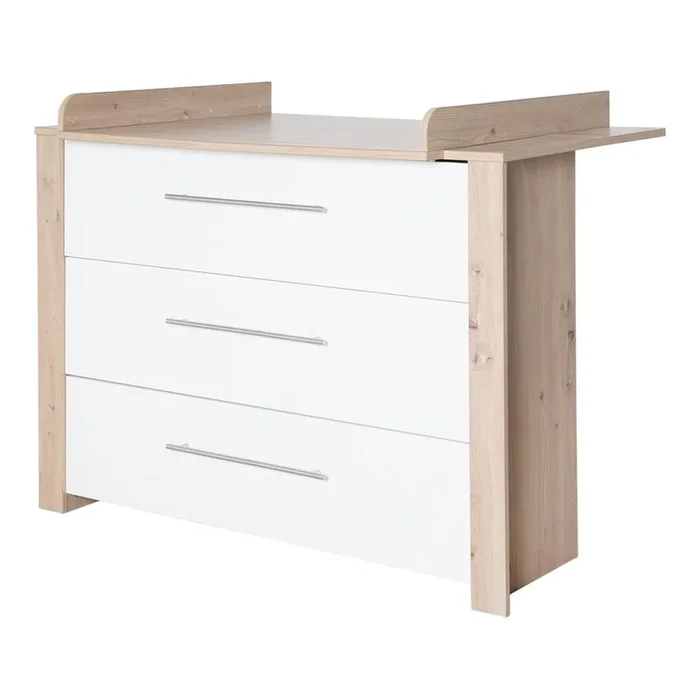 Cassettiera per bambini Con fasciatoio, con effetto rovere, in truciolato, trattamento della superficie: melamina, bianca/di colore naturale, larghezza totale 112 cm, altezza totale 98 cm, profondità totale 75 cm