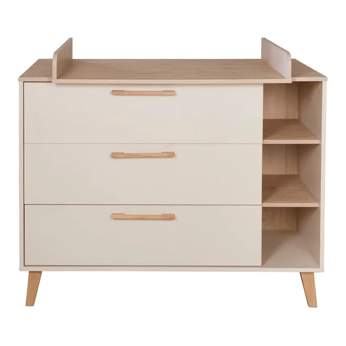 Cassettiera per bambini Jil Con fasciatoio, con effetto rovere, in truciolato, trattamento della superficie: melamina, con trama opaca, color crema/di colore naturale, larghezza totale 117 cm, altezza totale 103 cm, profondità totale 78 cm