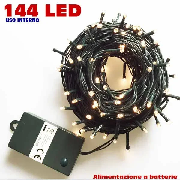 Catena Luminosa 15,5 mt Luci 144 LED Bianco Caldo a batteria con 6 Giochi Luce