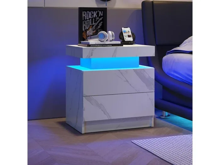 Comodino a 2 cassetti – Comodino con illuminazione a LED – bianco – per camera da letto