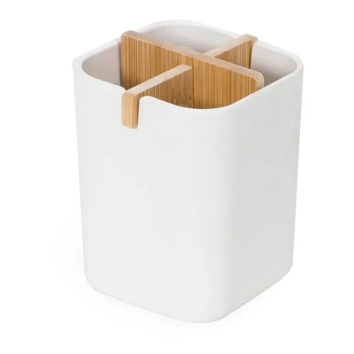 CompactorOrganizer da bagnoIn bambù, bianco/di colore naturale, 8×8 cm, altezza totale 10,5 cm