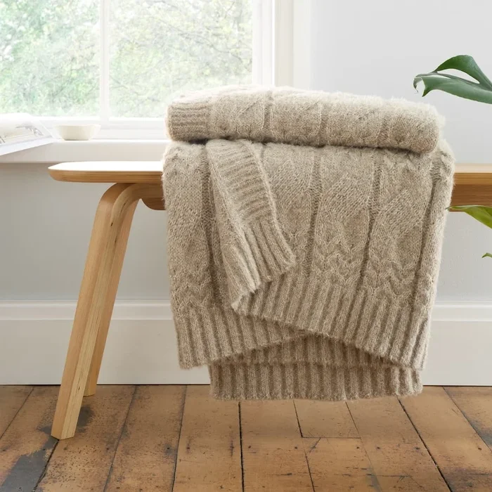 Coperta Cable Knit Lavorata a maglia, beige, 150×200 cm