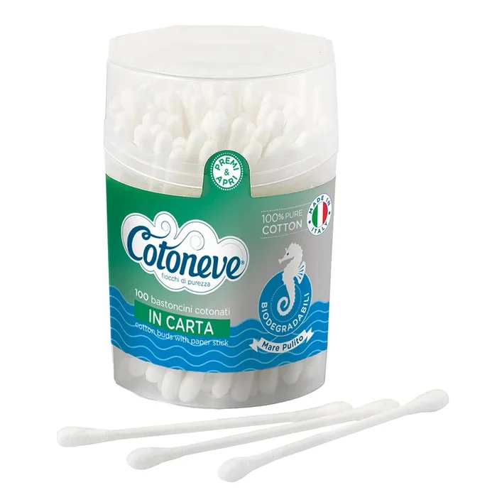 COTONEVE – Barattolo da 100 bastoncini cotonati biodegradabili – 1601B – Confezione risparmio da 5 PZ