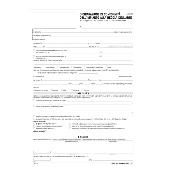 DATA-UFFICIO – Dichiarazione conformita’ impianto snap 5 copie autor. Data ufficio – 884250000G – Confezione da 50 PZ