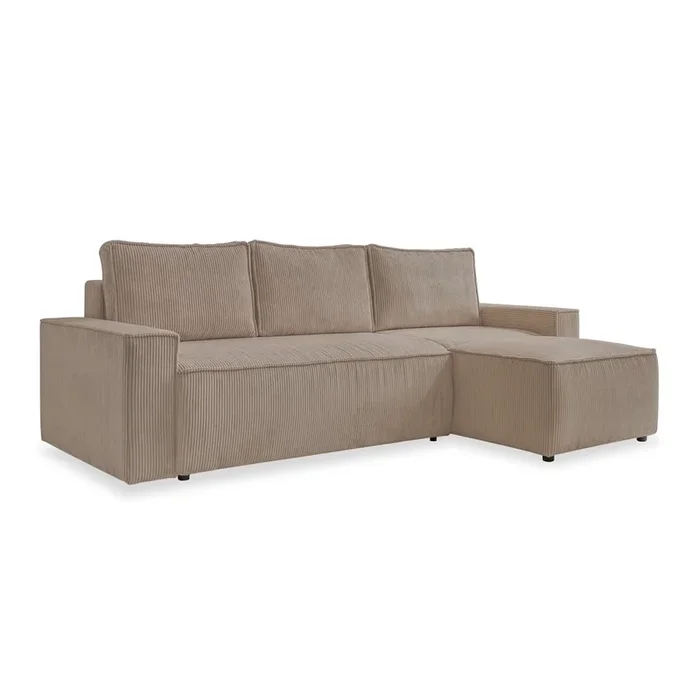 Divano angolare Brave Dave Con rivestimento in velluto a coste, allungabile/con contenitore, con penisola a destra/con penisola a sinistra/con composizione variabile/con chaise lounge, adatto per animali, beige, a tre posti, larghezza totale 250 cm