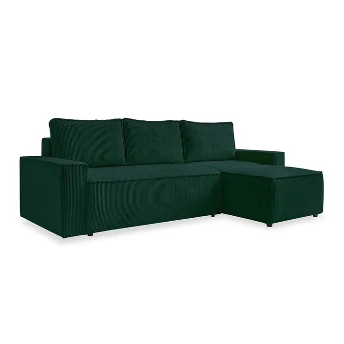 Divano angolare Brave Dave Con rivestimento in velluto a coste, allungabile/con contenitore, con penisola a destra/con penisola a sinistra/con composizione variabile/con chaise lounge, adatto per animali, verde scuro, a tre posti, larghezza totale 250 cm