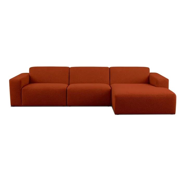 Divano angolare componibile Roxy Con rivestimento in bouclé, con penisola a destra/con chaise lounge, color mattone, a quattro posti, larghezza totale 318 cm