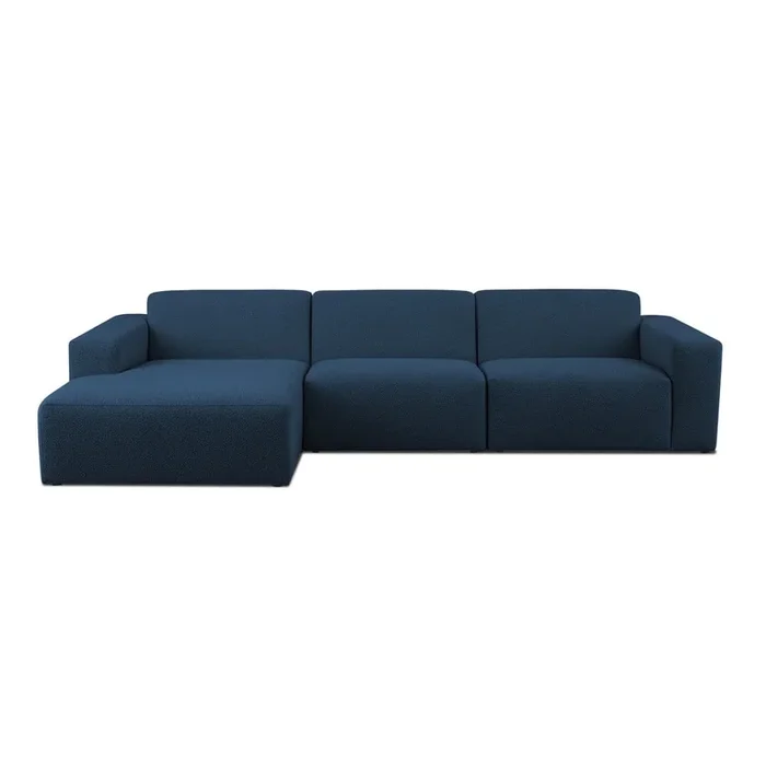 Divano angolare componibile Roxy Con rivestimento in bouclé, con penisola a sinistra/con chaise lounge, blu scuro, a quattro posti, larghezza totale 318 cm