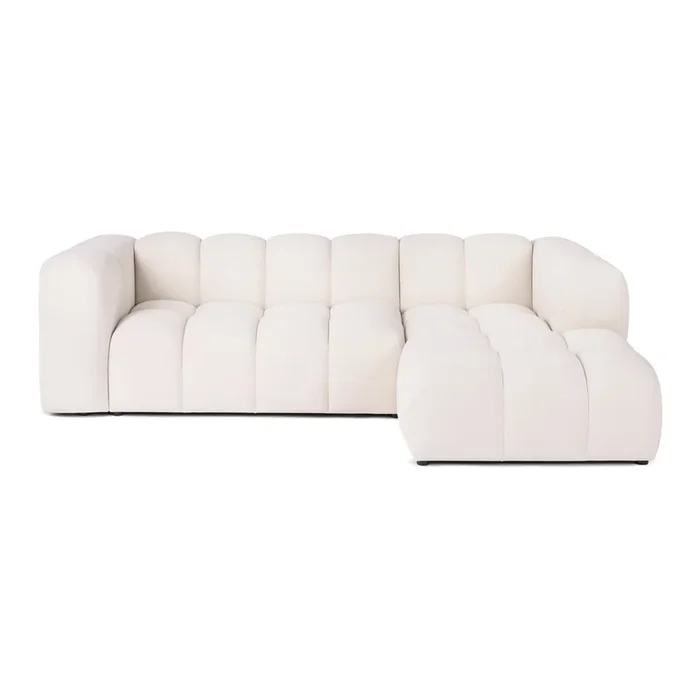 Divano angolare Cube Con rivestimento in velluto, con penisola a destra/con chaise lounge, adatto per animali, color crema, a tre posti, larghezza totale 256 cm