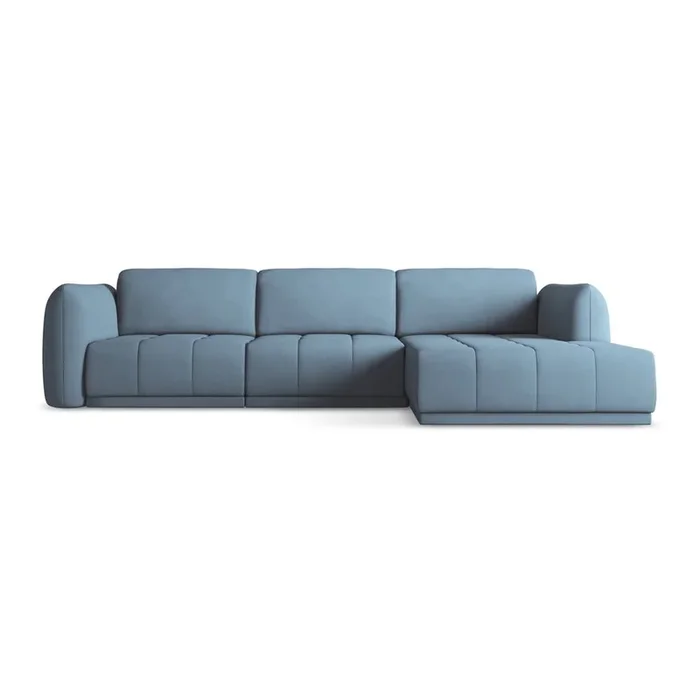 Divano angolare Hoku Con rivestimento in ciniglia, con penisola a destra/con chaise lounge, azzurro, a quattro posti, larghezza totale 290 cm
