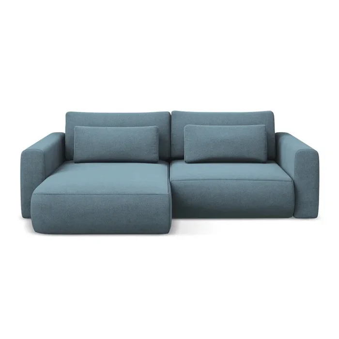Divano angolare Kapua Allungabile/con contenitore, con penisola a sinistra/con chaise lounge, idrorepellente, azzurro, a tre posti, larghezza totale 240 cm