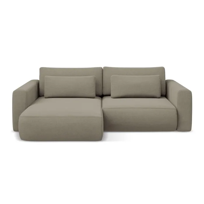 Divano angolare Kapua Allungabile/con contenitore, con penisola a sinistra/con chaise lounge, idrorepellente, marrone chiaro, a tre posti, larghezza totale 240 cm