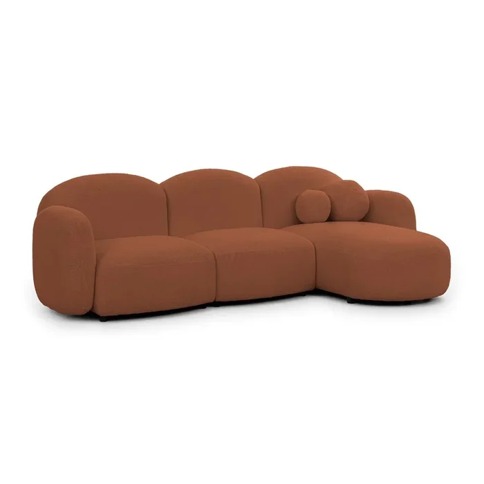 Divano angolare Orbit Con rivestimento in bouclé, con penisola a destra/con chaise lounge, idrorepellente/antimacchia, color terracotta, a quattro posti, larghezza totale 268 cm