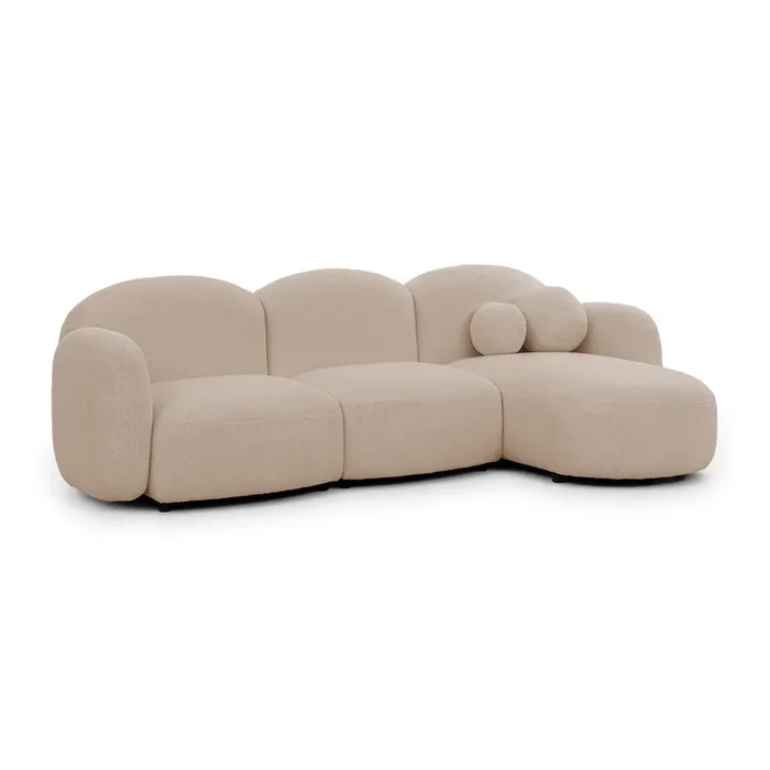 Divano angolare Orbit Con rivestimento in bouclé, con penisola a destra/con chaise lounge, idrorepellente/antimacchia, marrone chiaro, a quattro posti, larghezza totale 268 cm