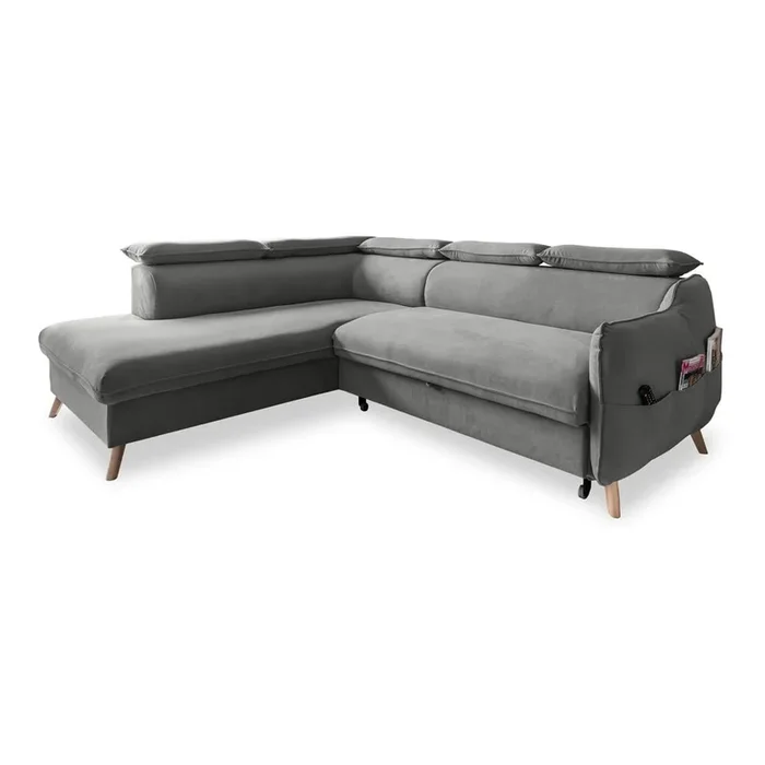 Divano angolare Sweet Harmony Con rivestimento in velluto, reclinabile/allungabile, con penisola a sinistra/a L, idrorepellente/adatto per animali, grigio chiaro, a quattro posti, larghezza totale 253 cm