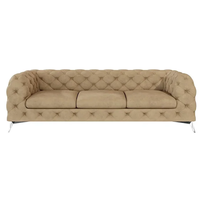 Divano Chelsea Con rivestimento in velluto, chesterfield, marrone chiaro, a tre posti, larghezza totale 243 cm
