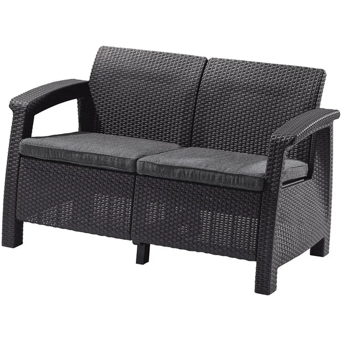 Divano da giardino Corfu In rattan artificiale, a due posti, grigio scuro, portata 110 kg, larghezza totale 128 cm, altezza totale 79 cm, profondità totale 70 cm