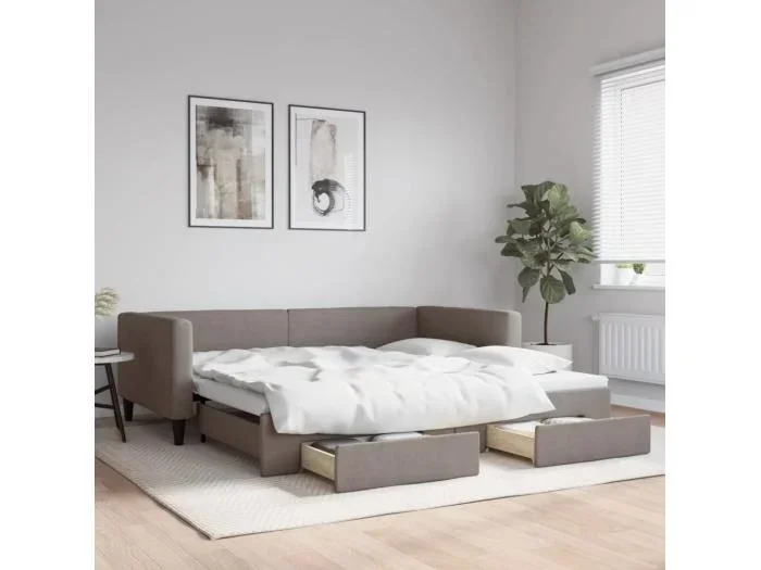 Divano Letto Estraibile con Cassetti Tortora 100×200 cm Tessuto
